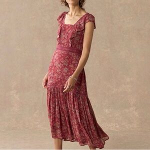 Sundance Harvest Floral Dress Size 2 Red Plum Midi Ruffle Lace Detail